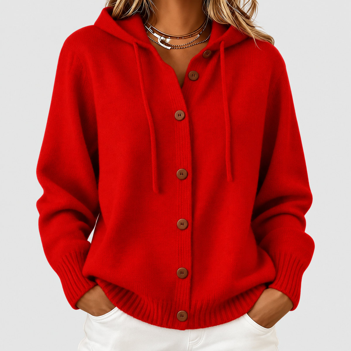 Women's Cashmere-Feel Hooded Knit Cardigan with Drawstring in Red — view 5