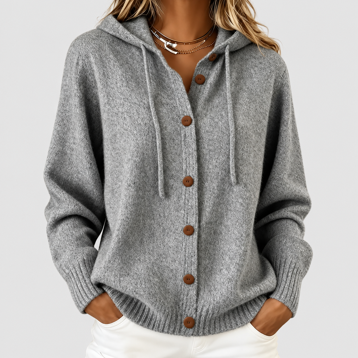 Women's Cashmere-Feel Hooded Knit Cardigan with Drawstring in Grey — view 6