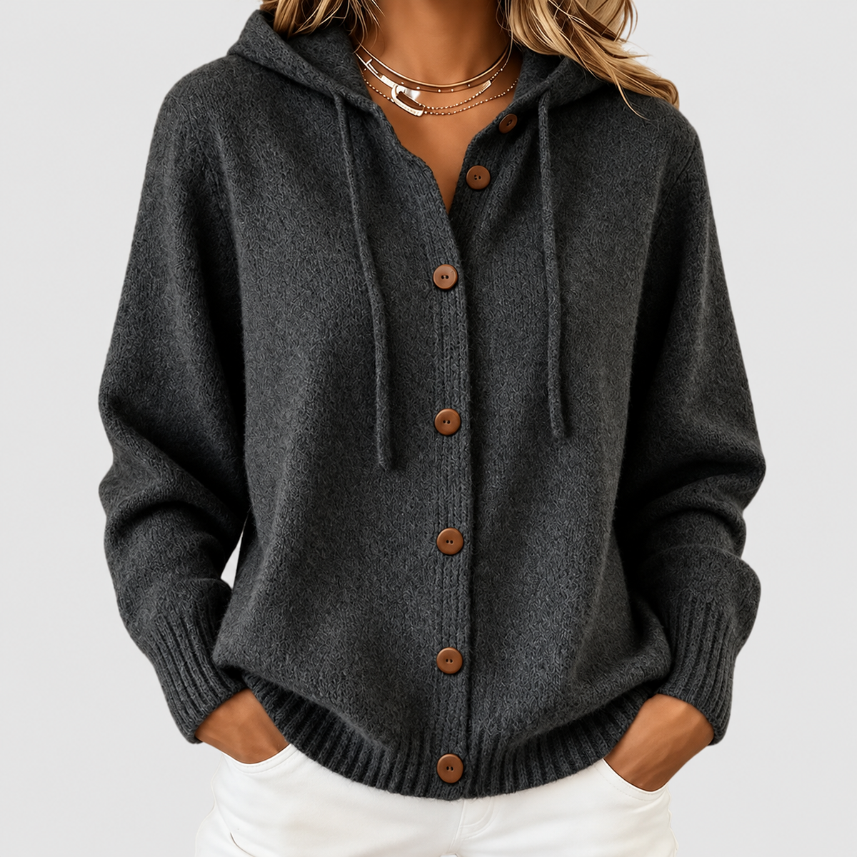Women's Cashmere-Feel Hooded Knit Cardigan with Drawstring in Black — view 7