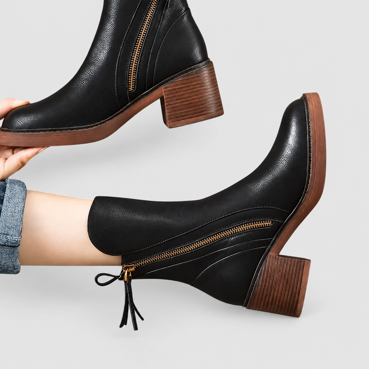 Women's Side-Zip Ankle Boots with Stacked Block Heel in Black — view 1