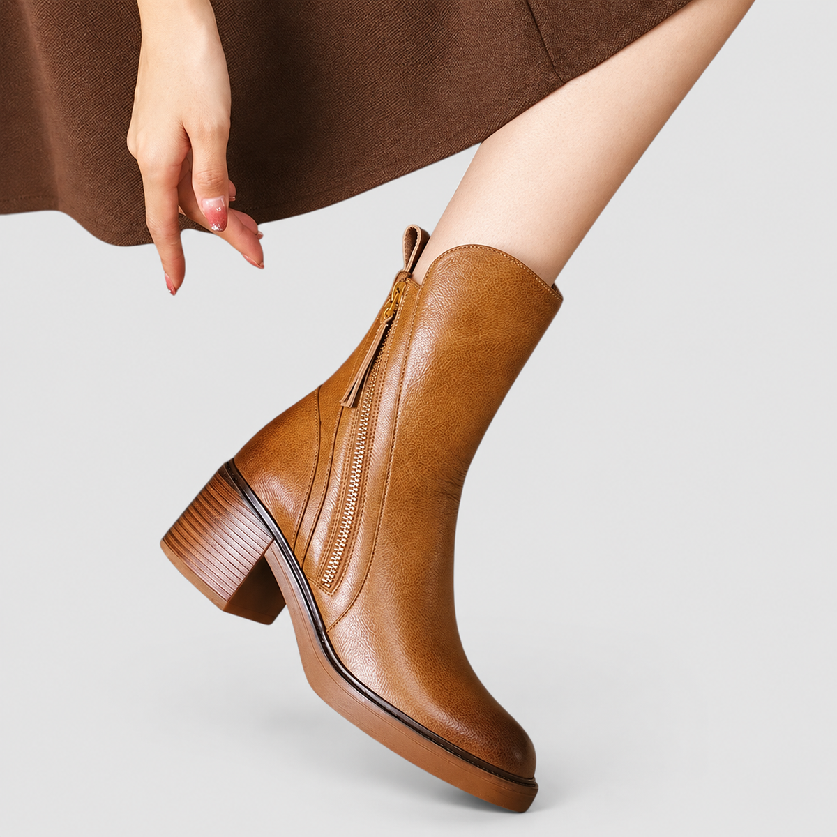 Women's Side-Zip Ankle Boots with Stacked Block Heel in Brown — view 4