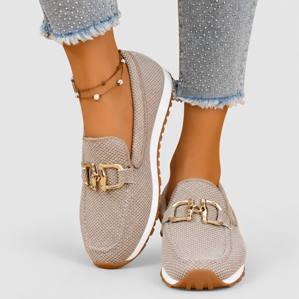 Women's Mesh Horsebit Loafer Trainers with Lug Sole in Beige — view 1