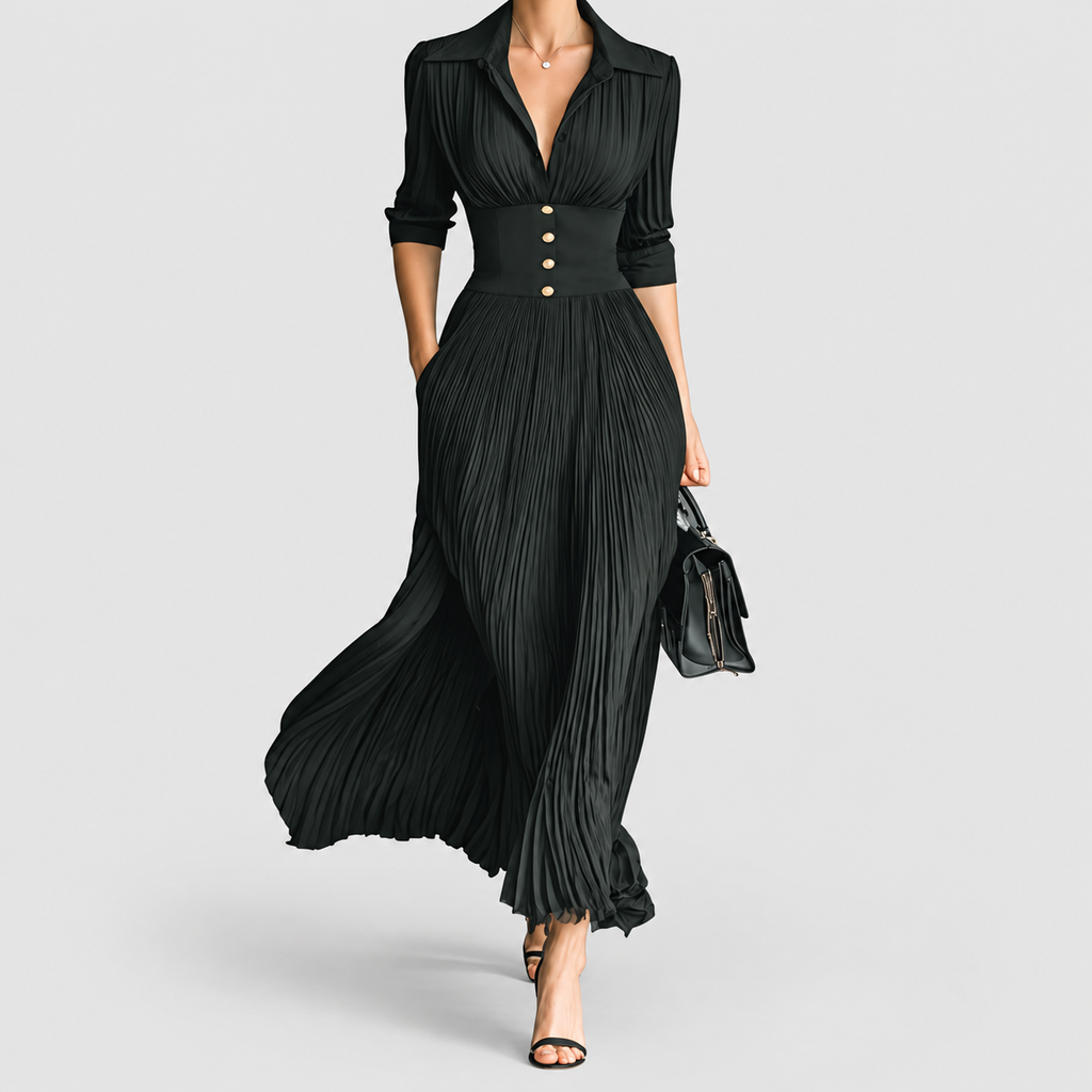 Women's Pleated Maxi Dress with Lapel Collar and Defined Waist in Green — view 1