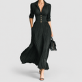 Women's Pleated Maxi Dress with Lapel Collar and Defined Waist in Green — view 1