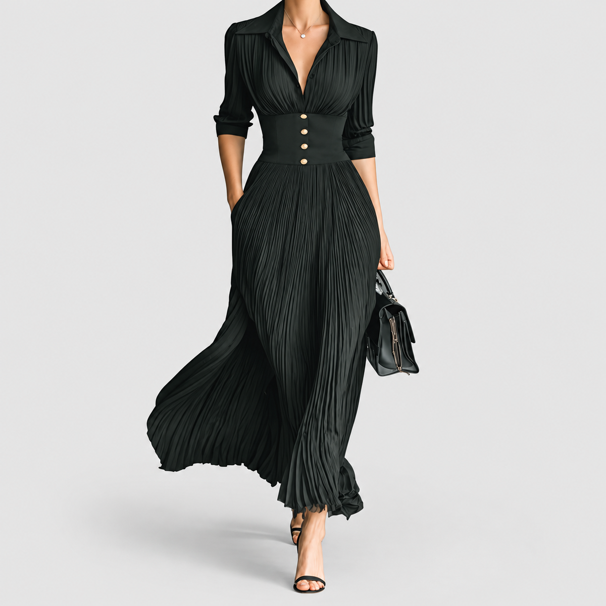 Women's Pleated Maxi Dress with Lapel Collar and Defined Waist in Green — view 1