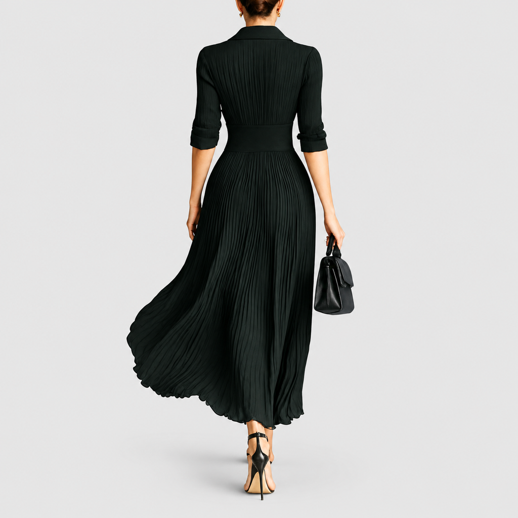 Women's Pleated Maxi Dress with Lapel Collar and Defined Waist — view 2
