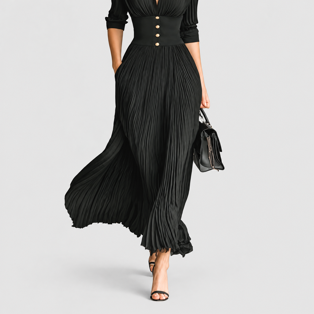 Women's Pleated Maxi Dress with Lapel Collar and Defined Waist — view 3