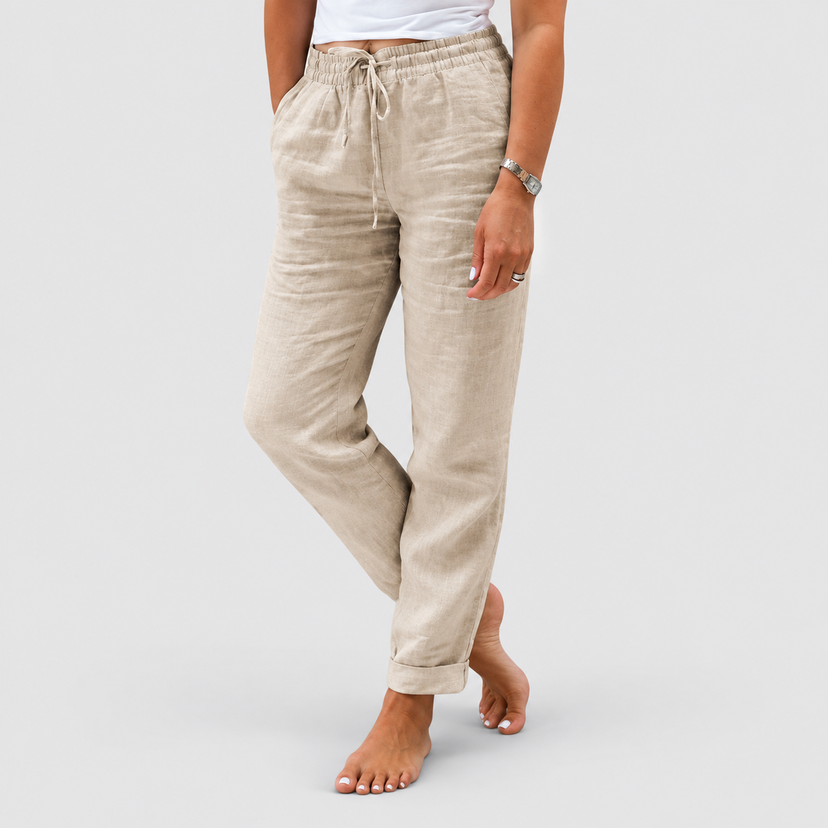 Women's Relaxed Straight-Leg Trousers with Drawstring Waist in Khaki — view 2
