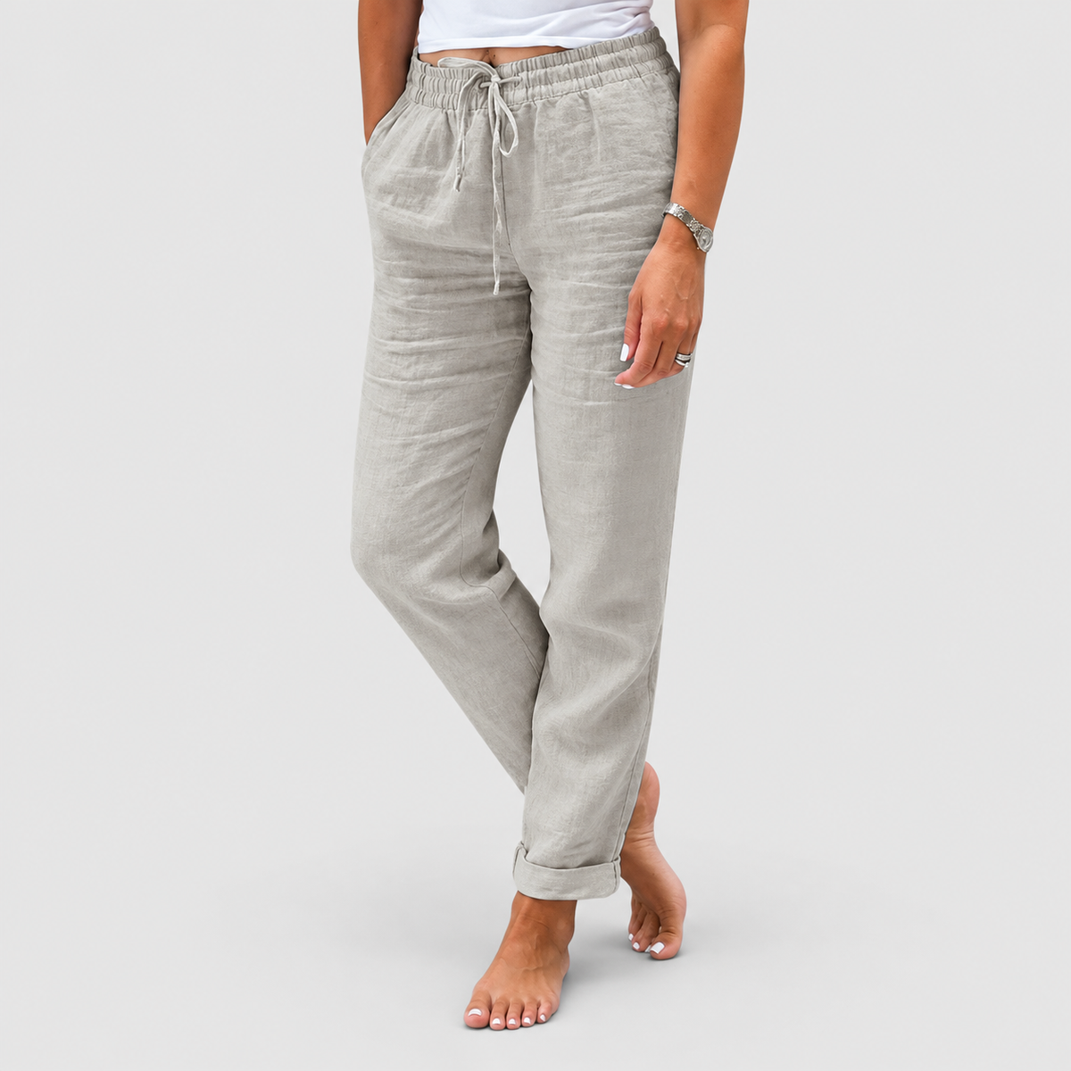 Women's Relaxed Straight-Leg Trousers with Drawstring Waist in Grey — view 3