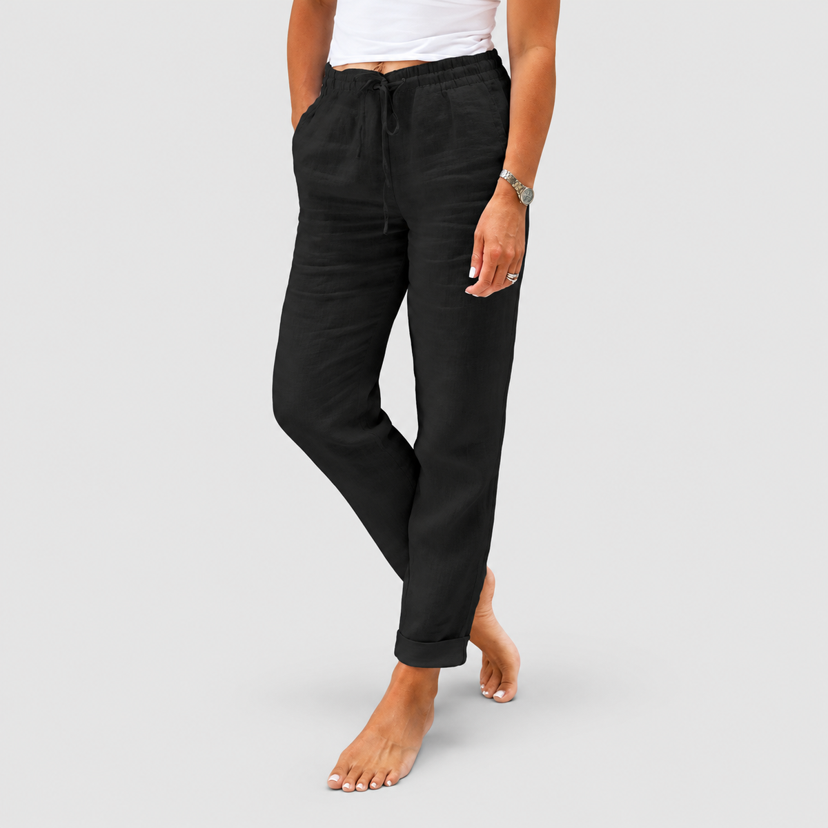 Women's Relaxed Straight-Leg Trousers with Drawstring Waist in Black — view 4