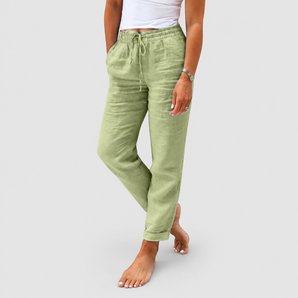 Women's Relaxed Straight-Leg Trousers with Drawstring Waist in Green — view 5