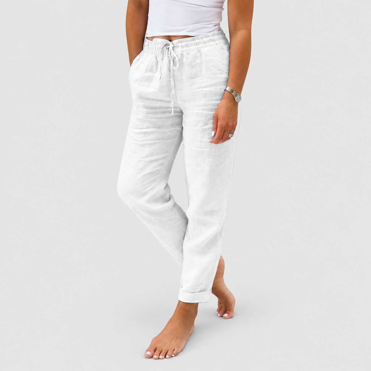Women's Relaxed Straight-Leg Trousers with Drawstring Waist in White — view 6