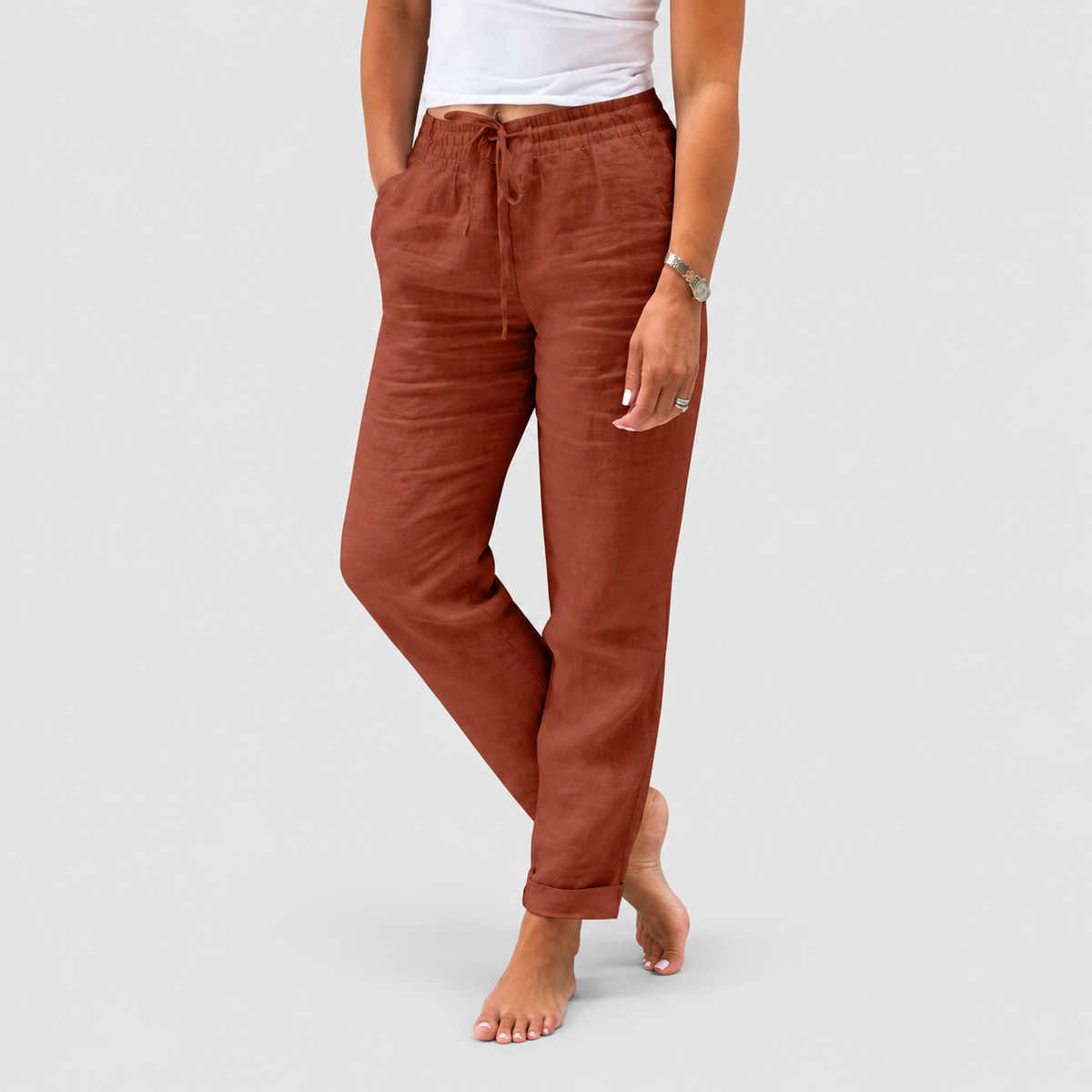 Women's Relaxed Straight-Leg Trousers with Drawstring Waist in Brown — view 7