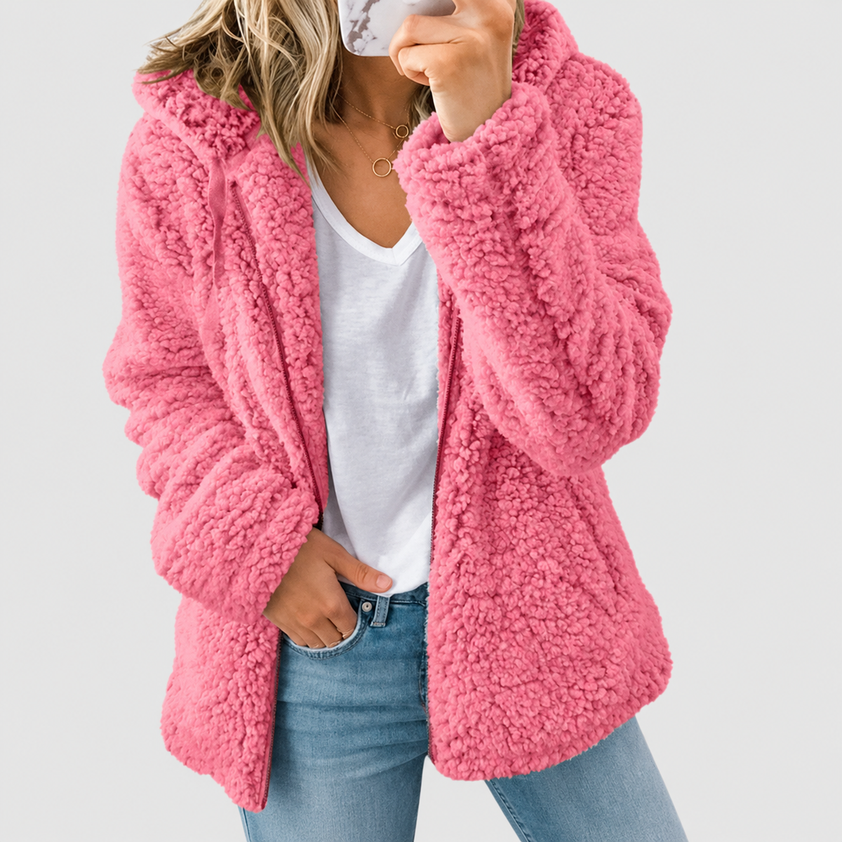 Women's Hooded Teddy Zip-Up Jacket in Hot Pink — view 2