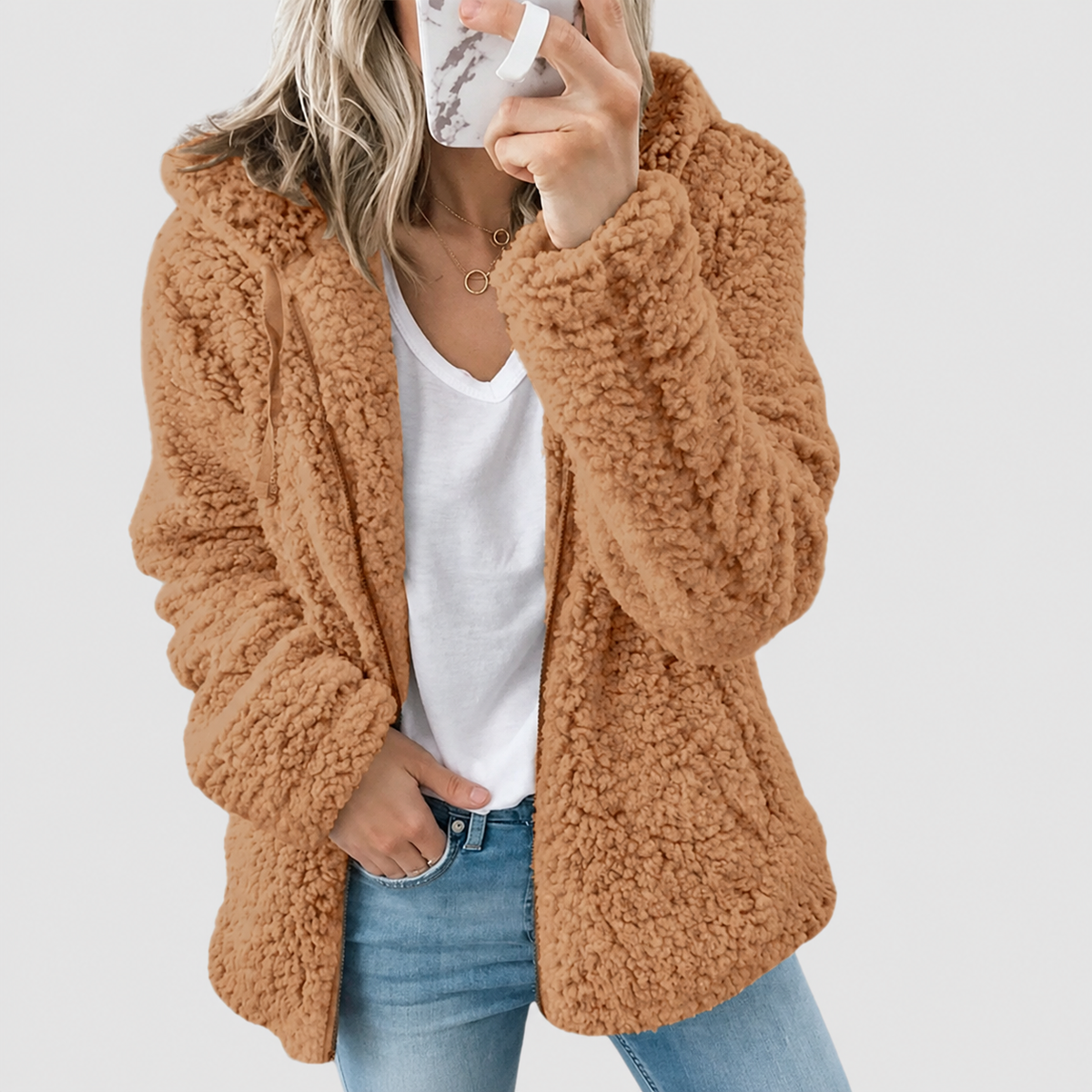 Women's Hooded Teddy Zip-Up Jacket in Coffee — view 5