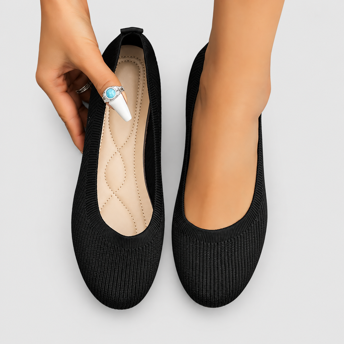 Women's Round-Toe Knit Slip-On Flats in Black — view 1