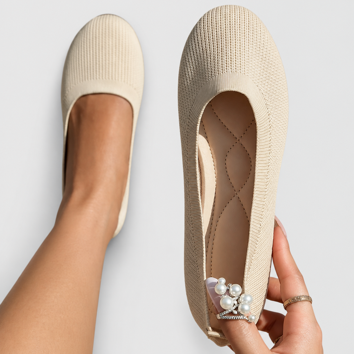 Women's Round-Toe Knit Slip-On Flats in Beige — view 2