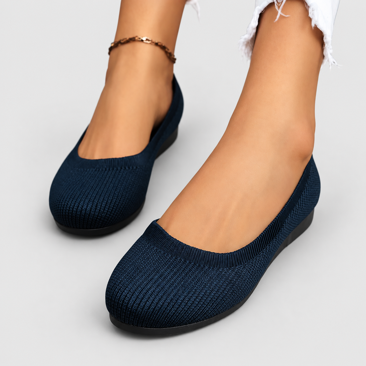 Women's Round-Toe Knit Slip-On Flats in Dark Blue — view 3