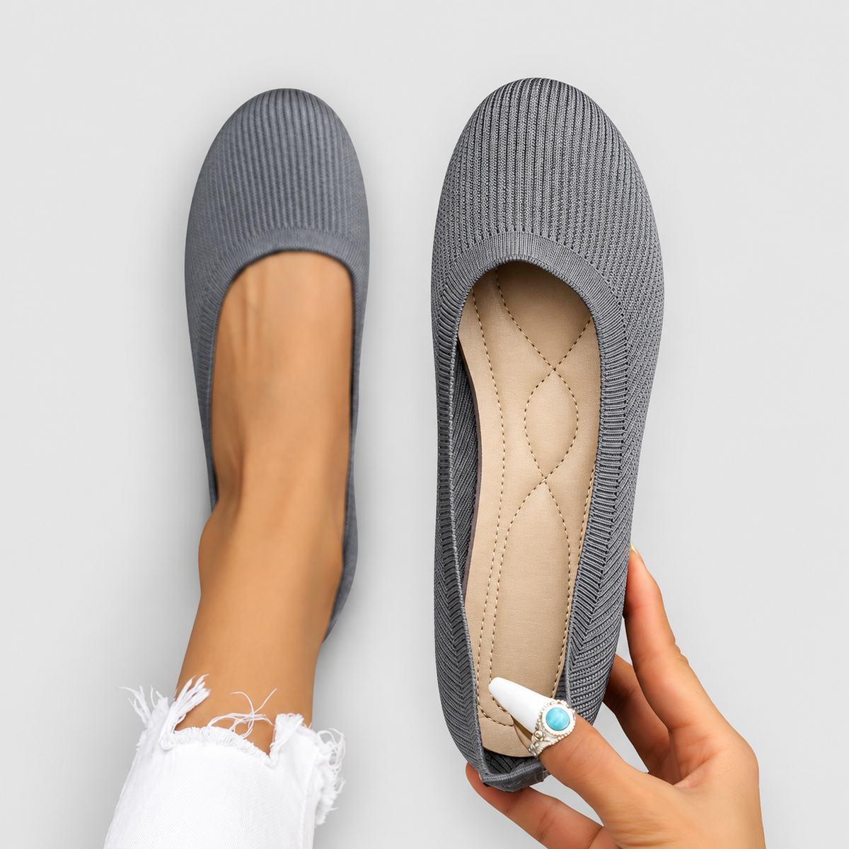 Women's Round-Toe Knit Slip-On Flats in Grey — view 5