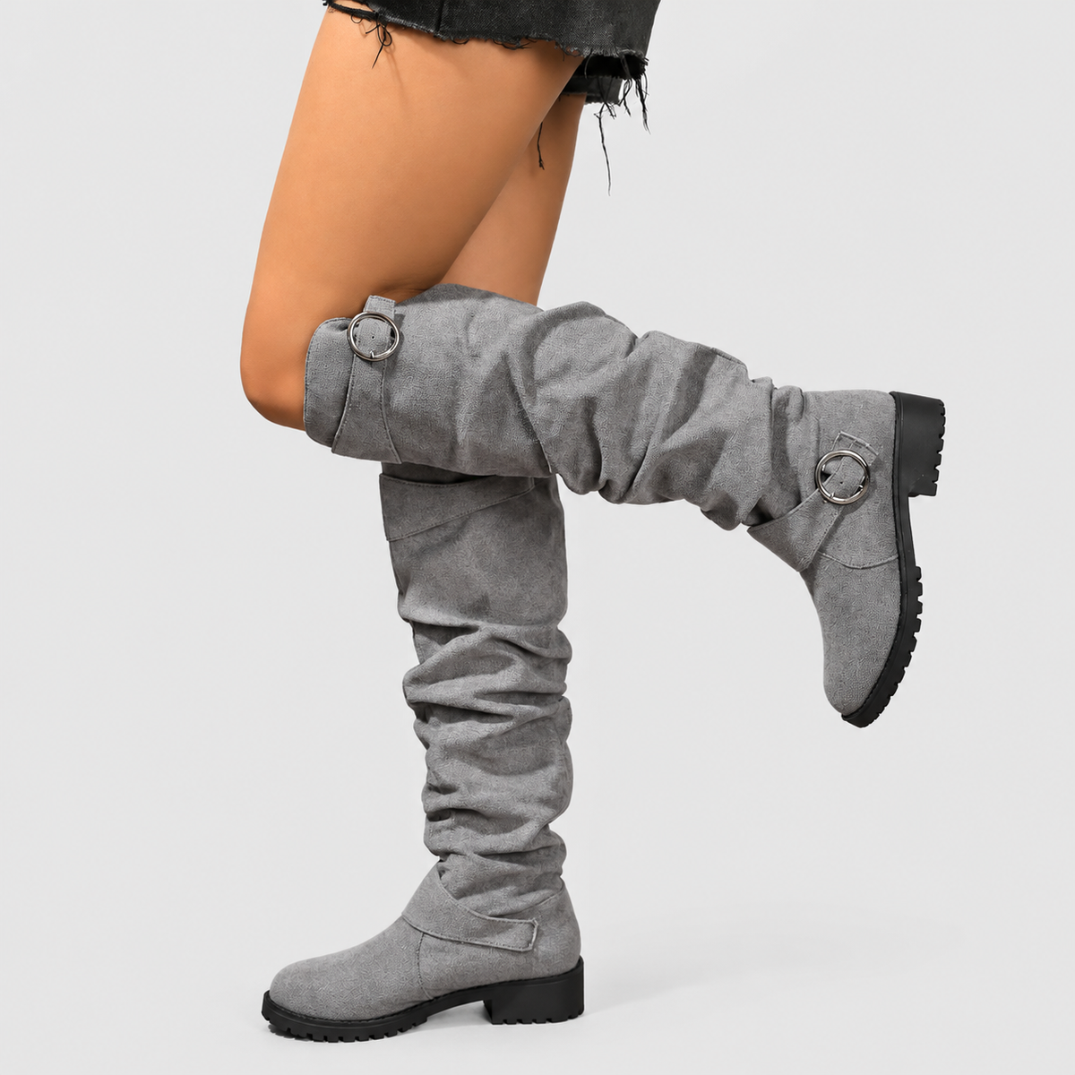 Women's Slouch Knee-High Boots with Buckle Detail in Light Grey — view 1
