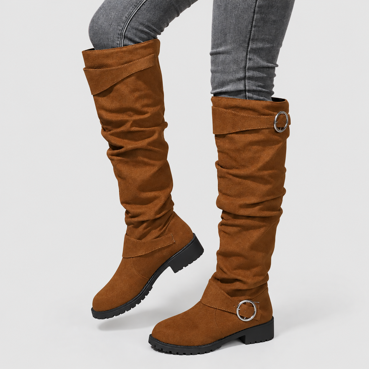 Women's Slouch Knee-High Boots with Buckle Detail in Khaki — view 2