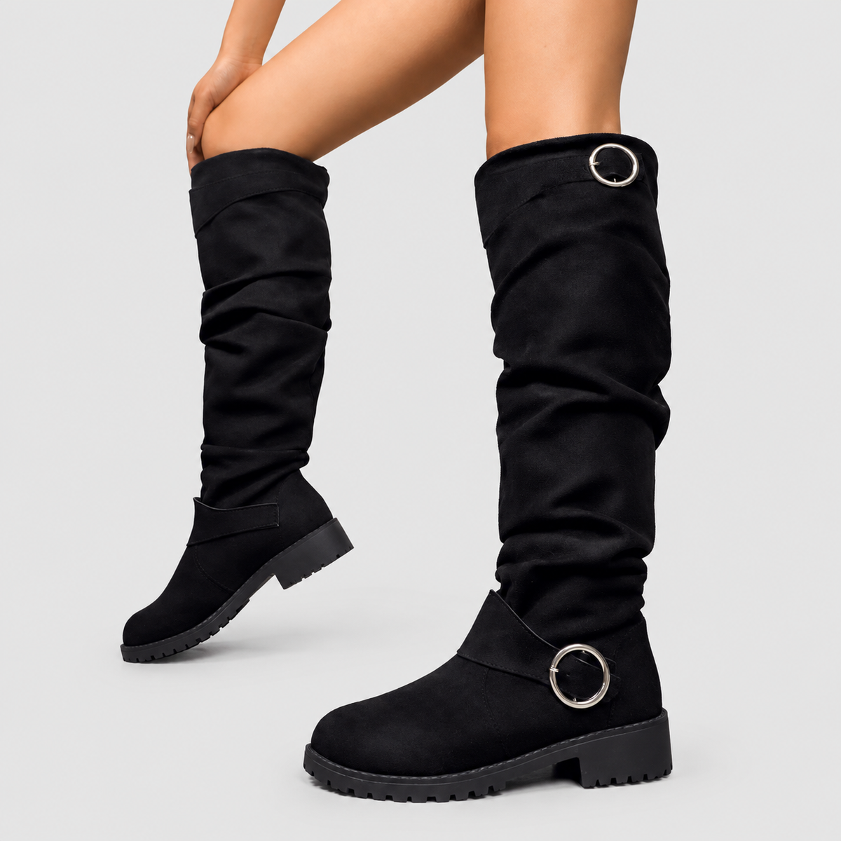 Women's Slouch Knee-High Boots with Buckle Detail in Black — view 3