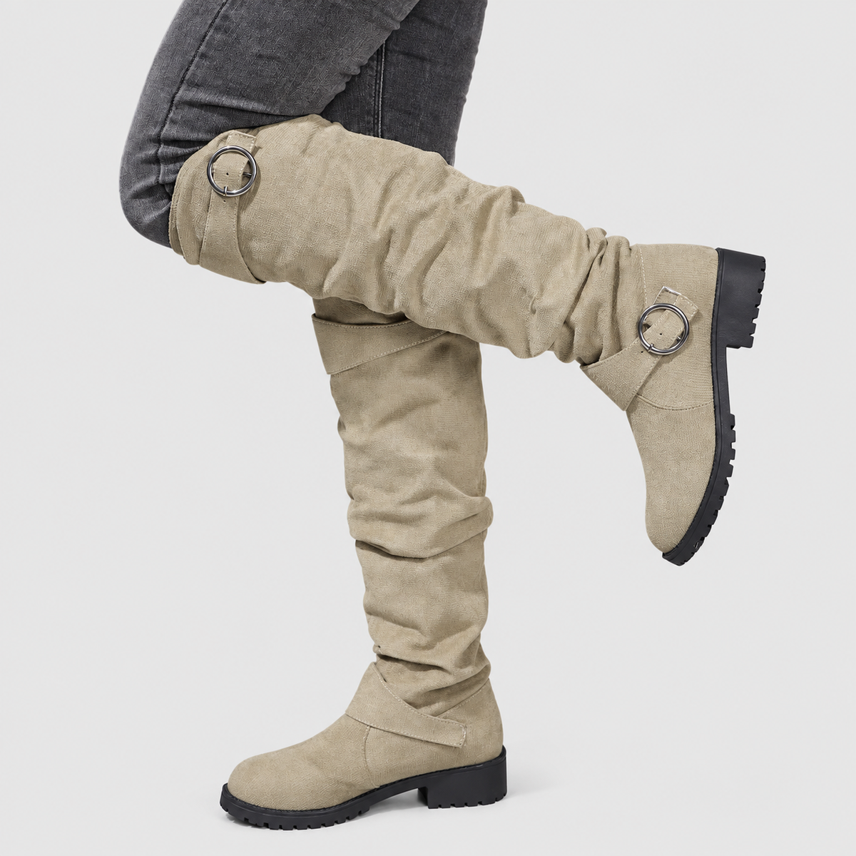 Women's Slouch Knee-High Boots with Buckle Detail in Light Brown — view 4