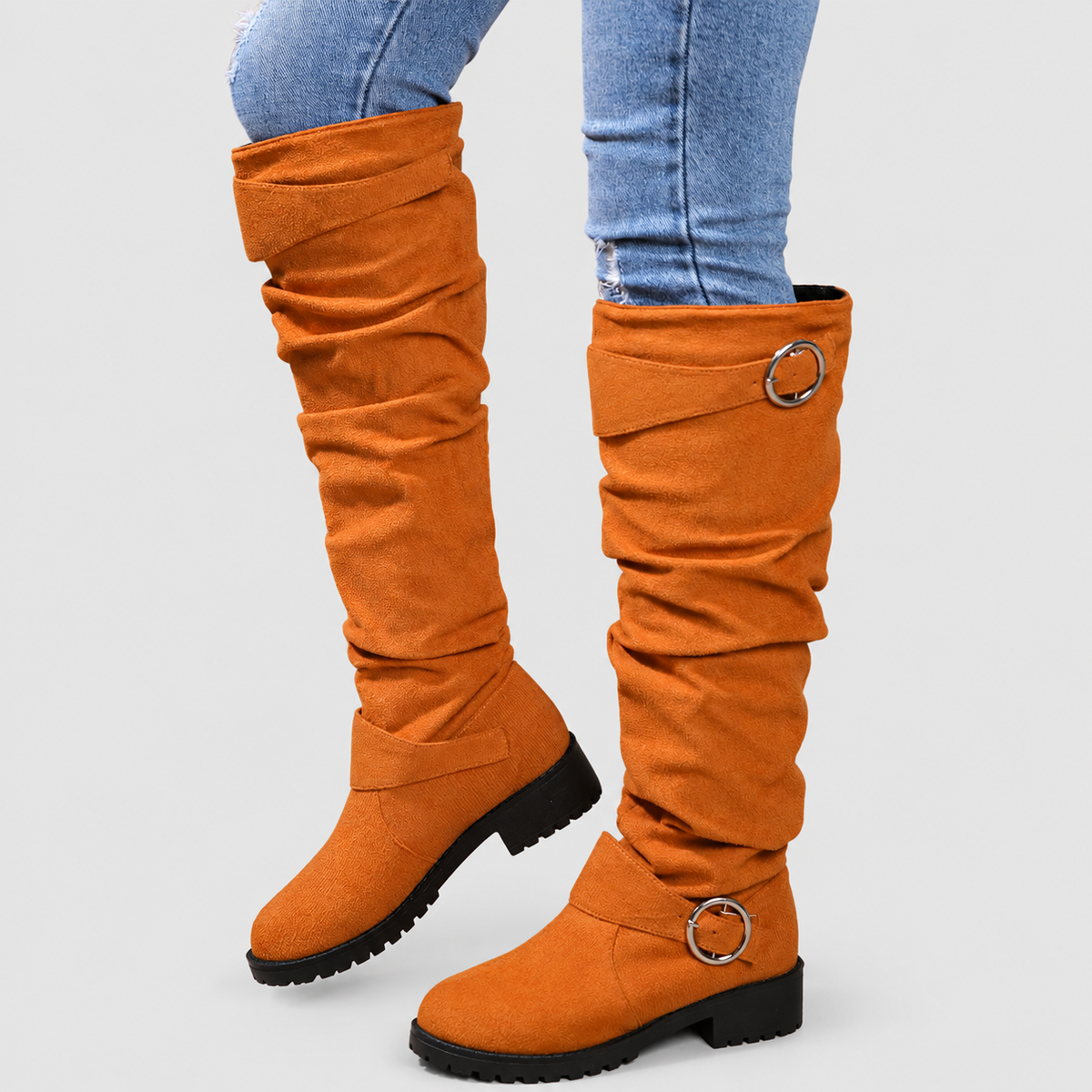 Women's Slouch Knee-High Boots with Buckle Detail in Orange — view 5