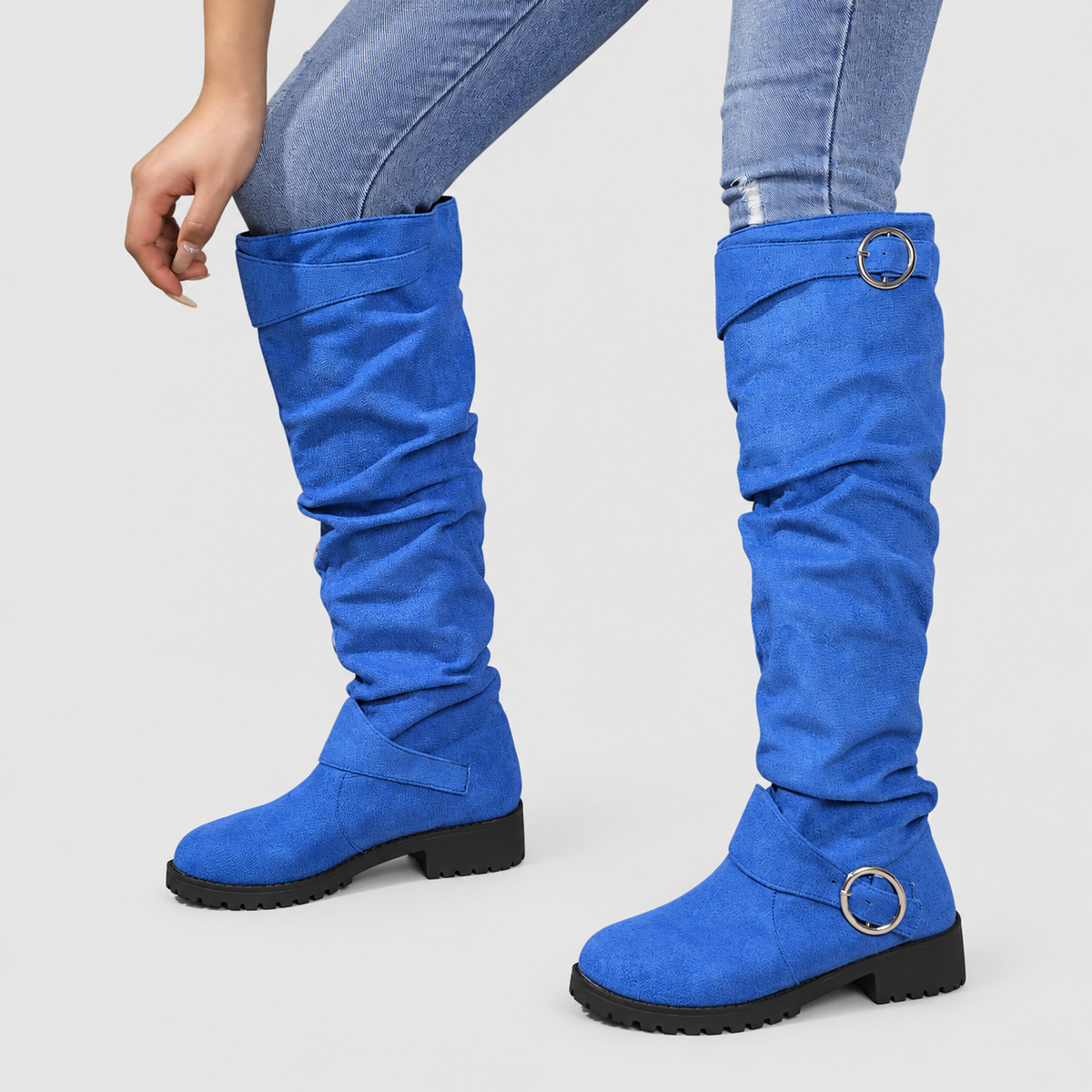 Women's Slouch Knee-High Boots with Buckle Detail in Blue — view 6
