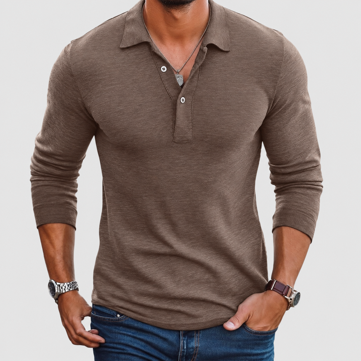 Men's Slim-Fit Long-Sleeve Polo Shirt with Button Placket in Camel — view 1