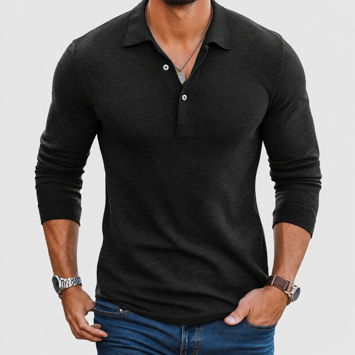 Men's Slim-Fit Long-Sleeve Polo Shirt with Button Placket in Black — view 2