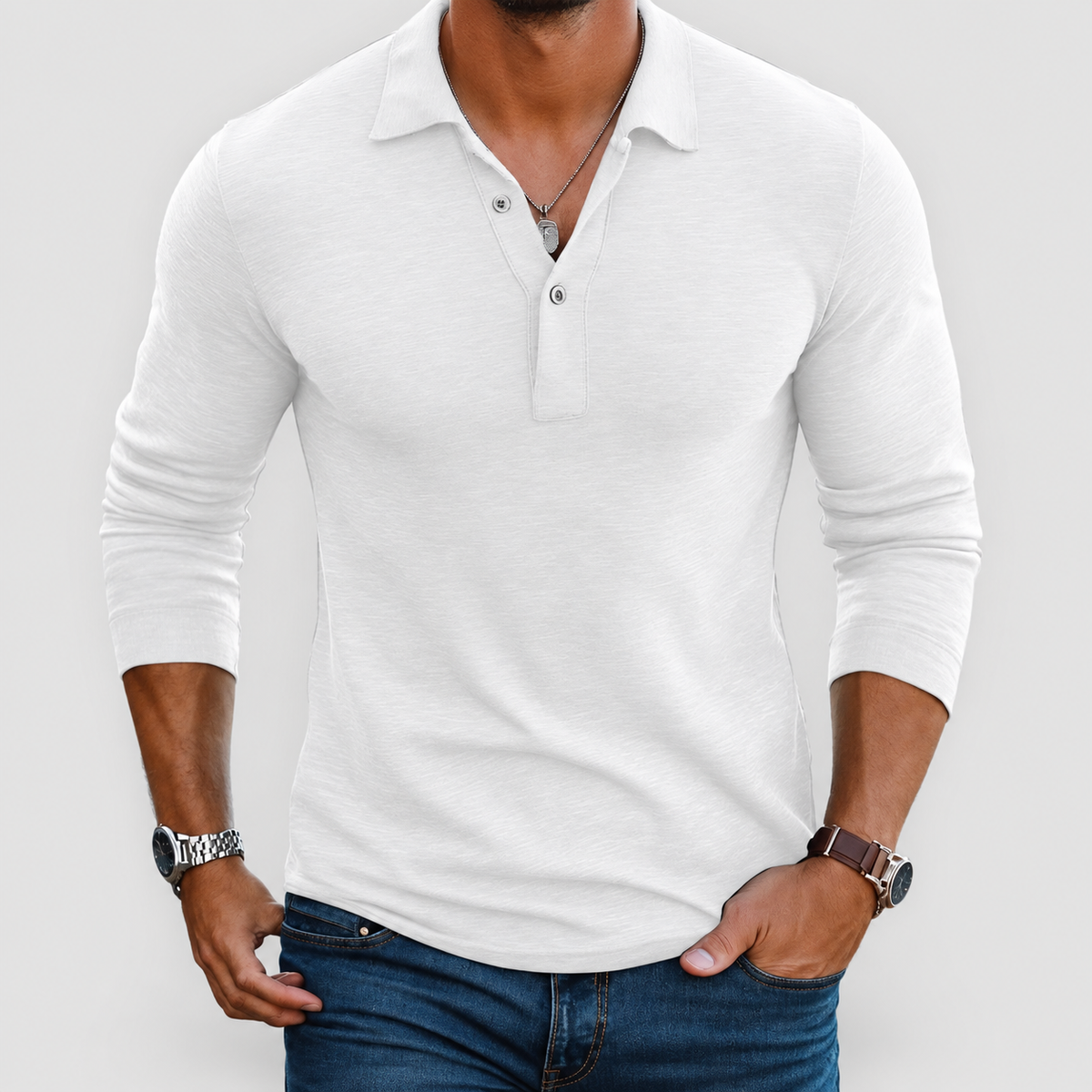 Men's Slim-Fit Long-Sleeve Polo Shirt with Button Placket in White — view 3
