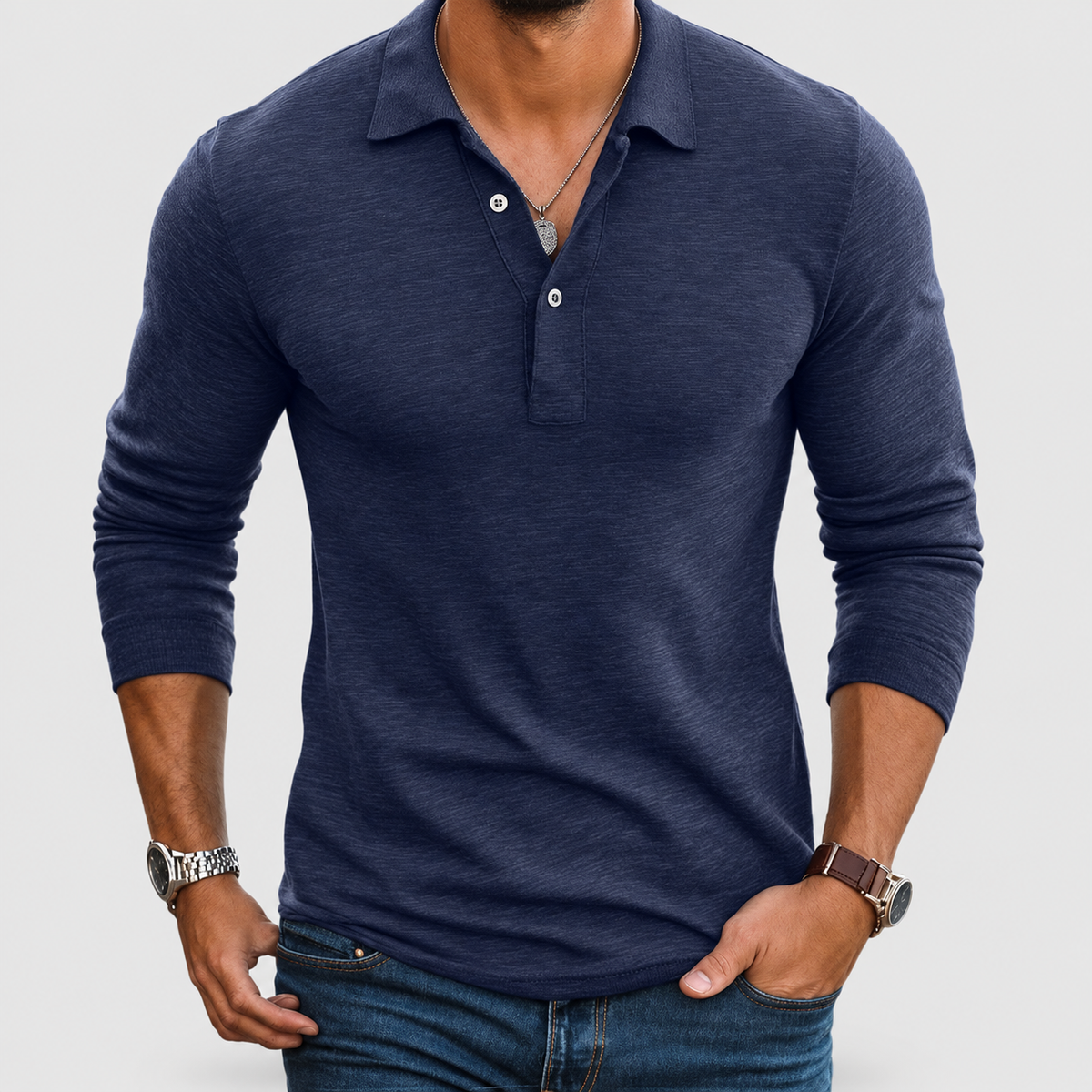 Men's Slim-Fit Long-Sleeve Polo Shirt with Button Placket in Navy Blue — view 4