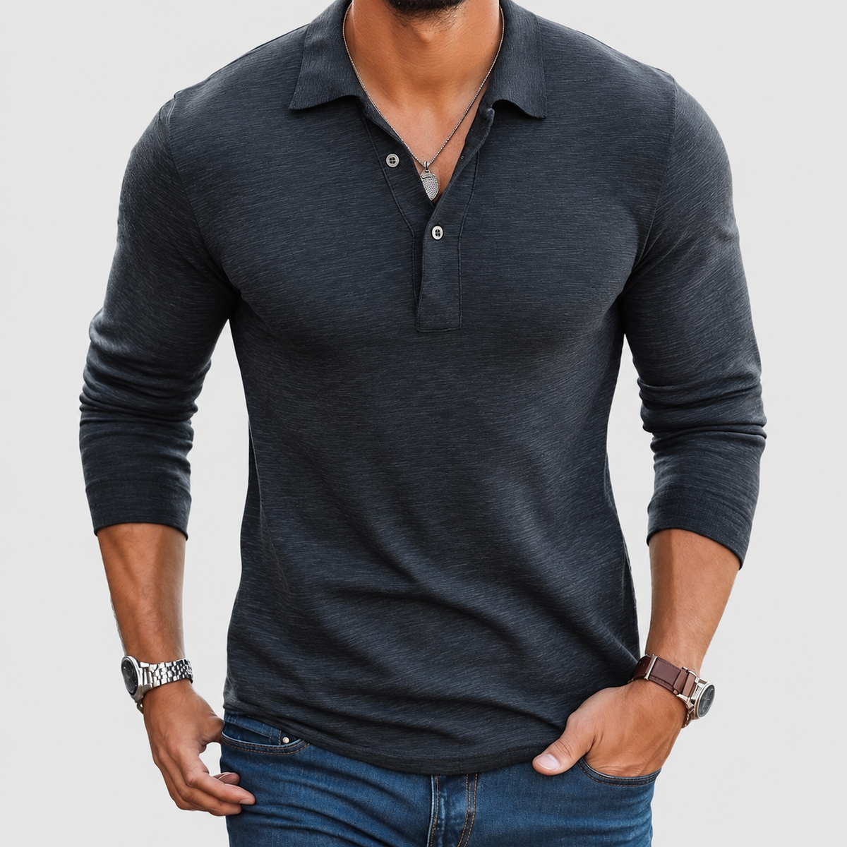 Men's Slim-Fit Long-Sleeve Polo Shirt with Button Placket in Charcoal — view 5