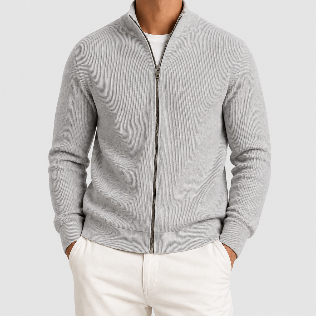 Men's Ribbed Full-Zip Cardigan with Stand Collar in Light Grey — view 2