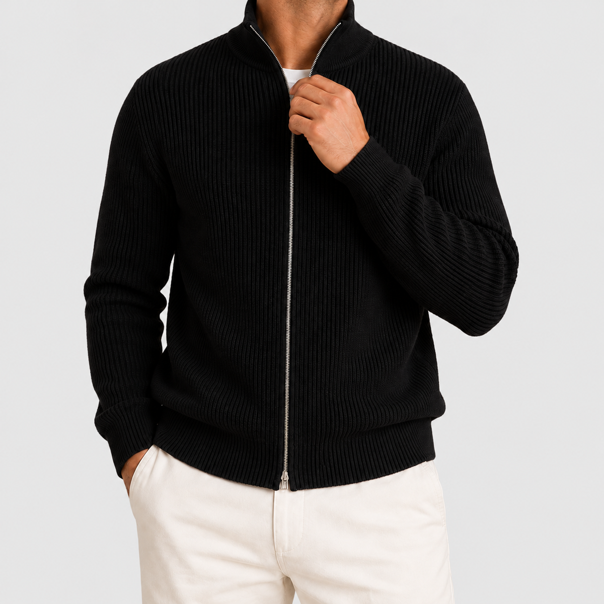 Men's Ribbed Full-Zip Cardigan with Stand Collar in Black — view 3