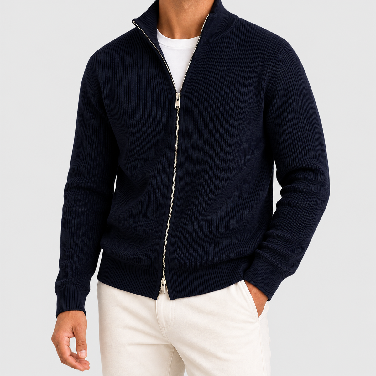 Men's Ribbed Full-Zip Cardigan with Stand Collar in Navy — view 4