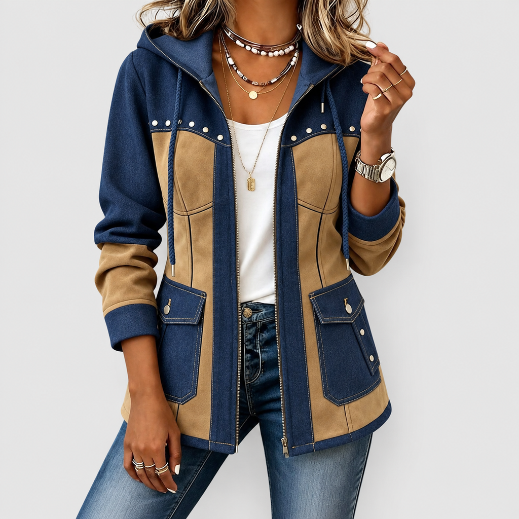 Women's Patchwork Hooded Jacket in Navy & Camel — view 1
