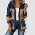Women's Patchwork Hooded Jacket in Navy & Camel — view 1