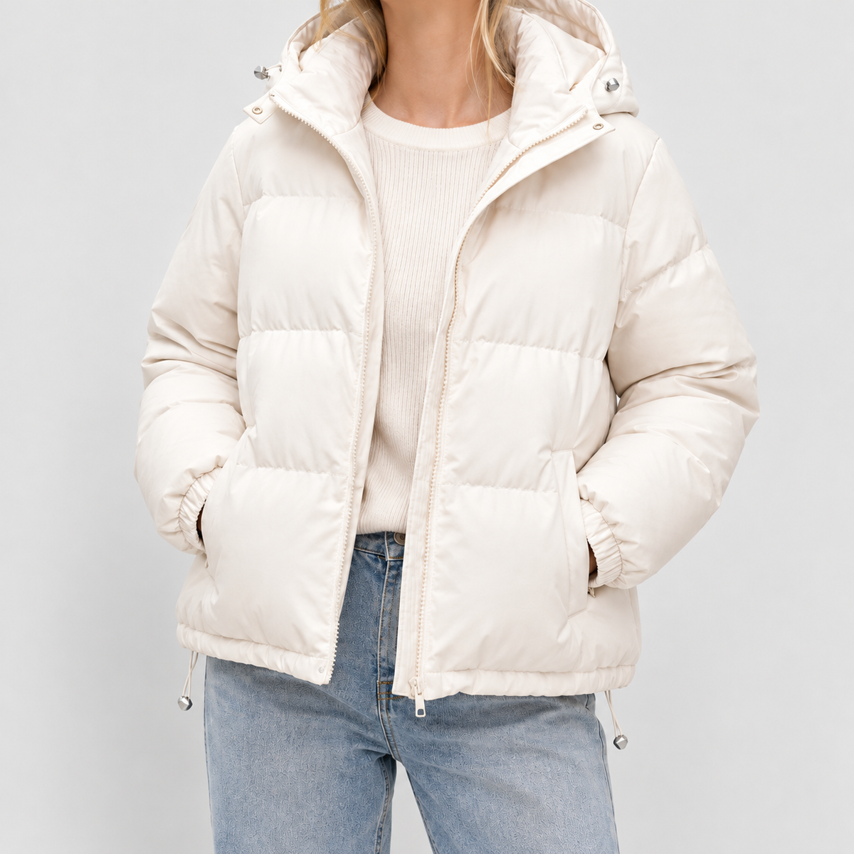 Women's Padded Puffer Jacket with Hood in Beige — view 1