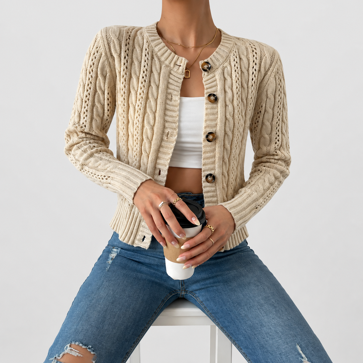 Women's Cable and Pointelle Knit Cardigan with Tortoiseshell-Effect Buttons in Apricot — view 3