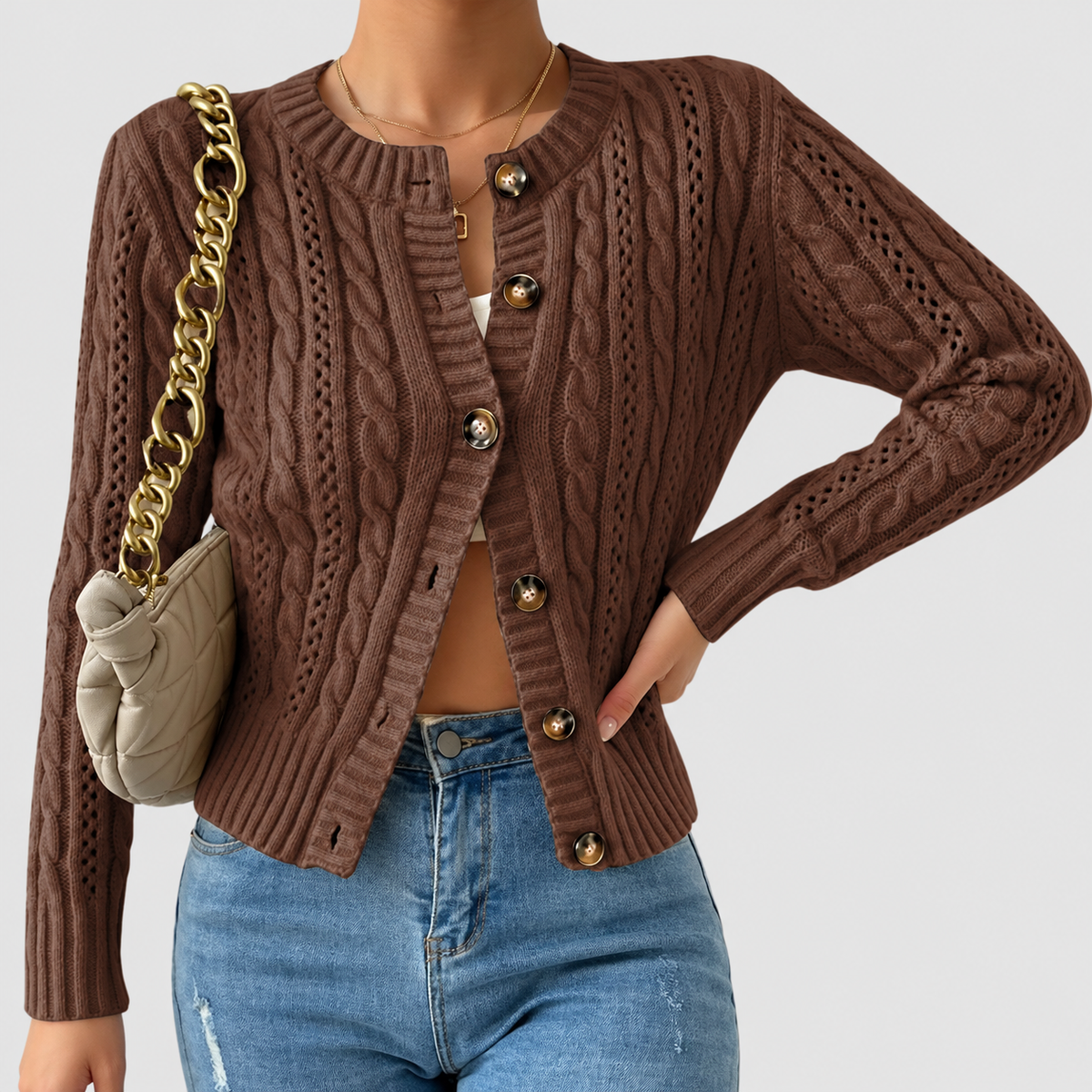 Women's Cable and Pointelle Knit Cardigan with Tortoiseshell-Effect Buttons in Brown — view 4