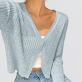 Women's Cropped Ribbed Cardigan with Lettuce-Edge Trim in Blue — view 1