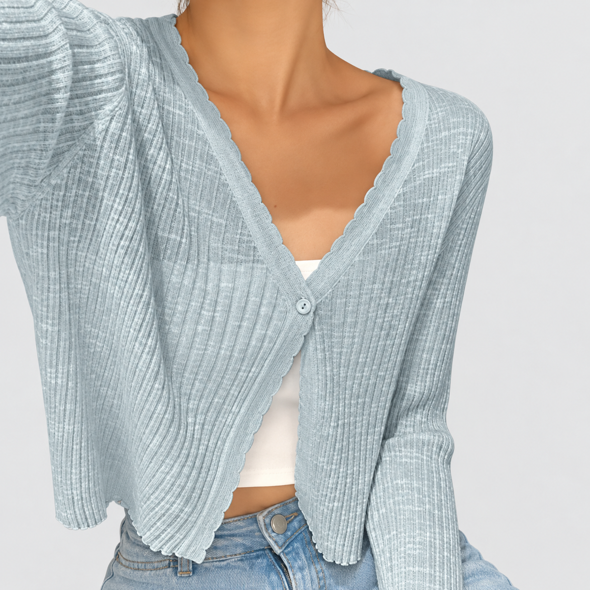 Women's Cropped Ribbed Cardigan with Lettuce-Edge Trim in Blue — view 1