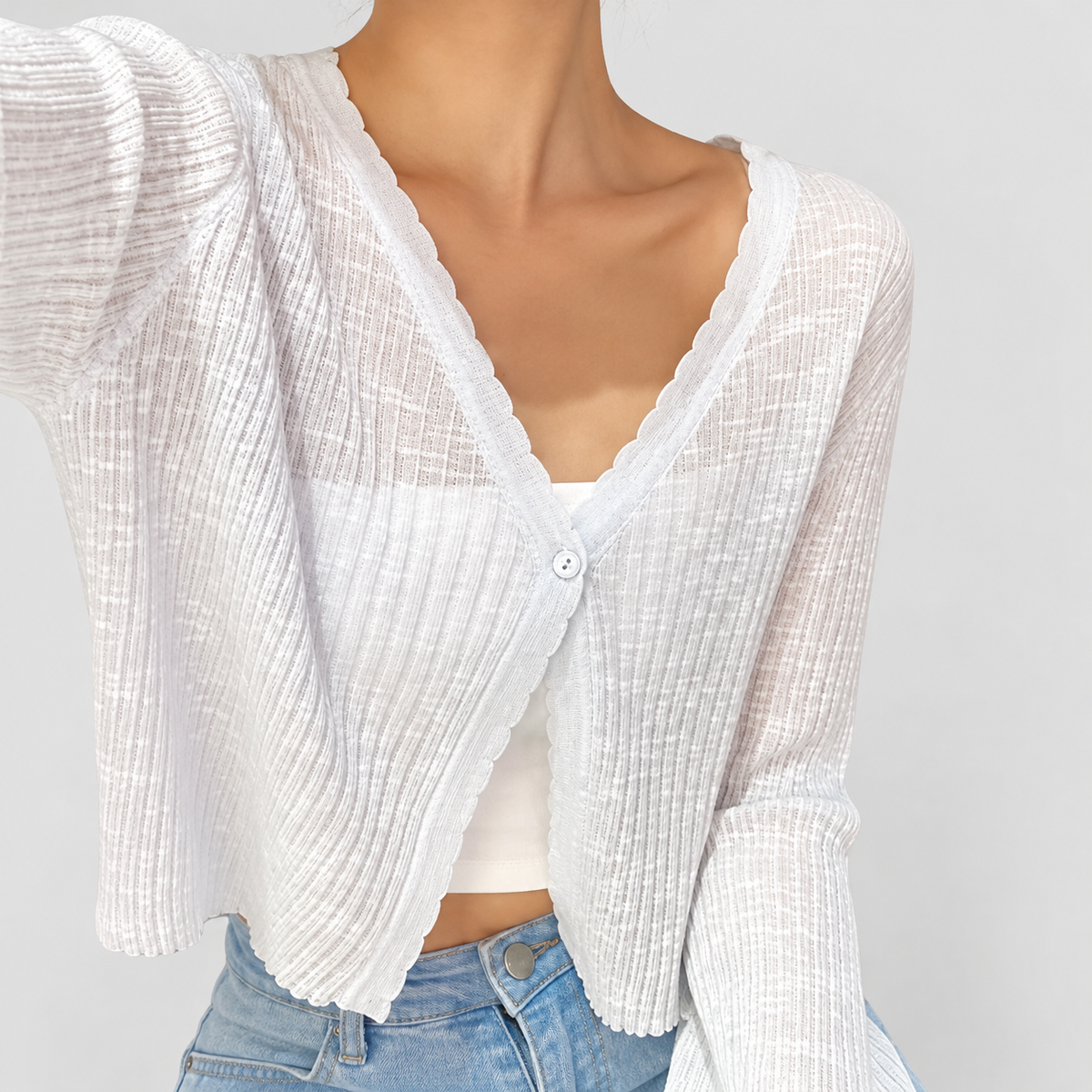 Women's Cropped Ribbed Cardigan with Lettuce-Edge Trim in White — view 2