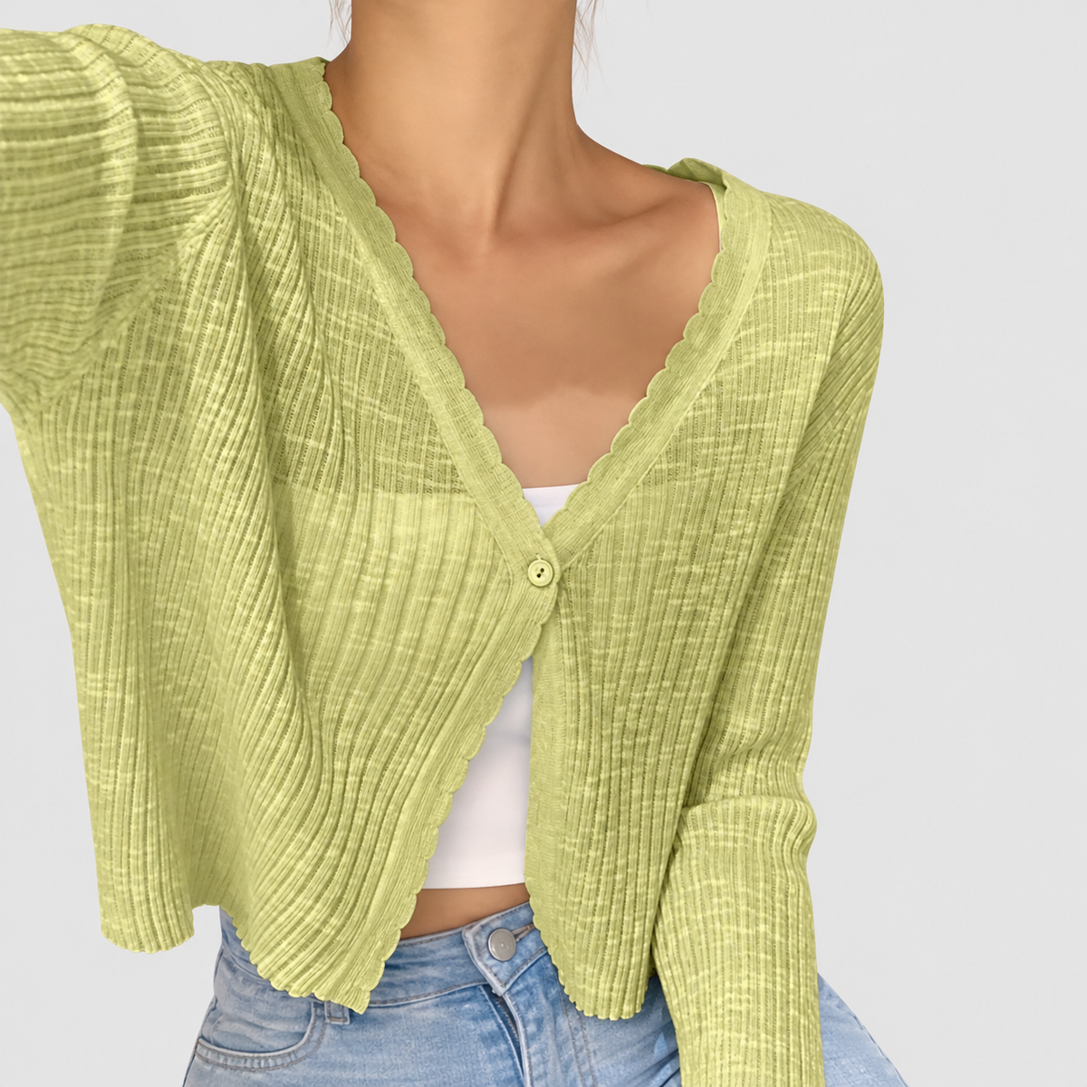 Women's Cropped Ribbed Cardigan with Lettuce-Edge Trim in Green — view 3