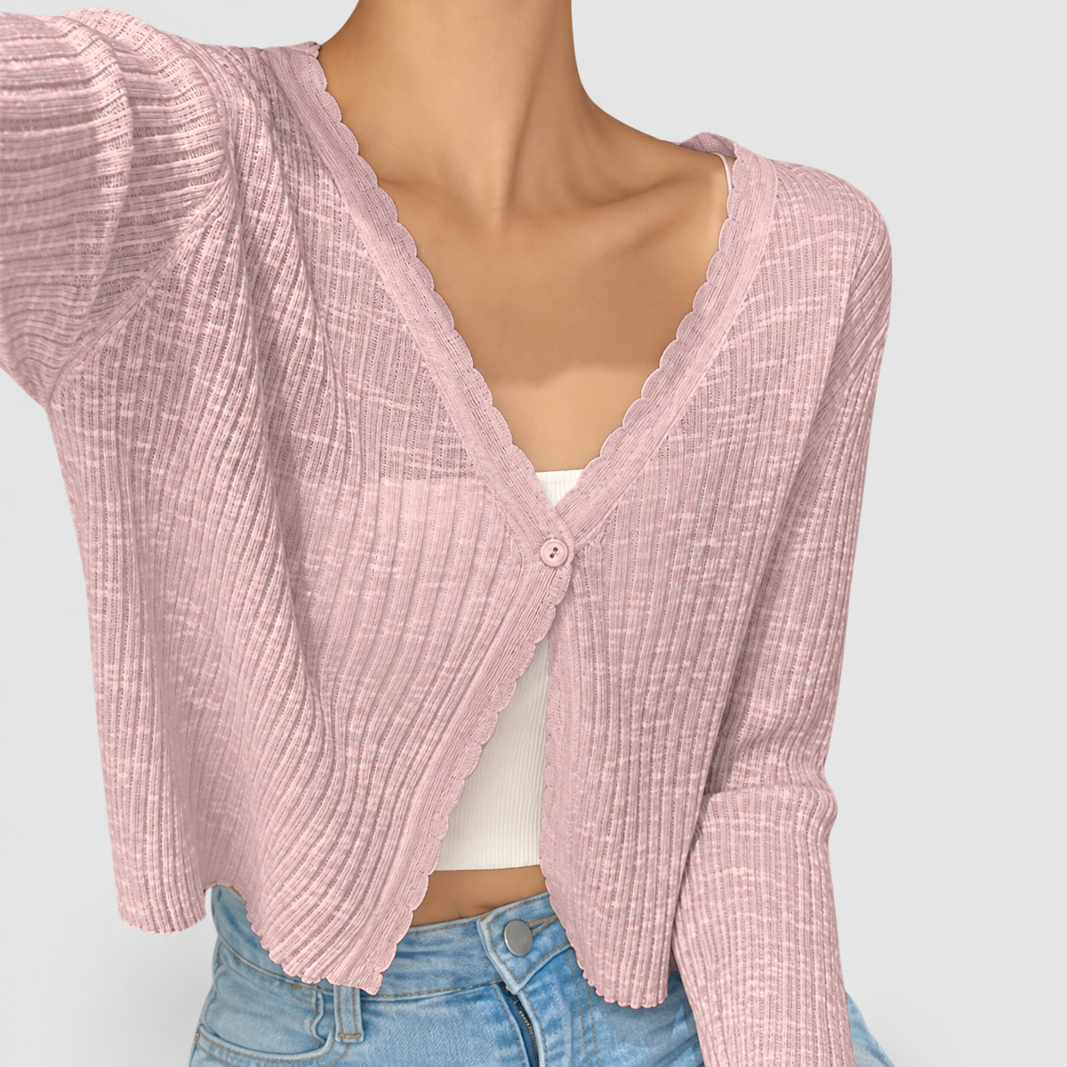 Women's Cropped Ribbed Cardigan with Lettuce-Edge Trim in Pink — view 4