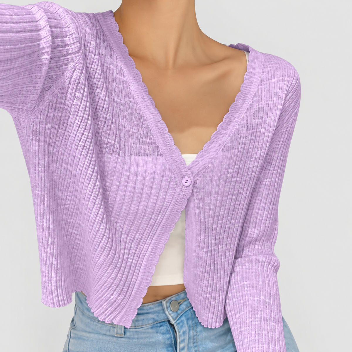 Women's Cropped Ribbed Cardigan with Lettuce-Edge Trim in Purple — view 5
