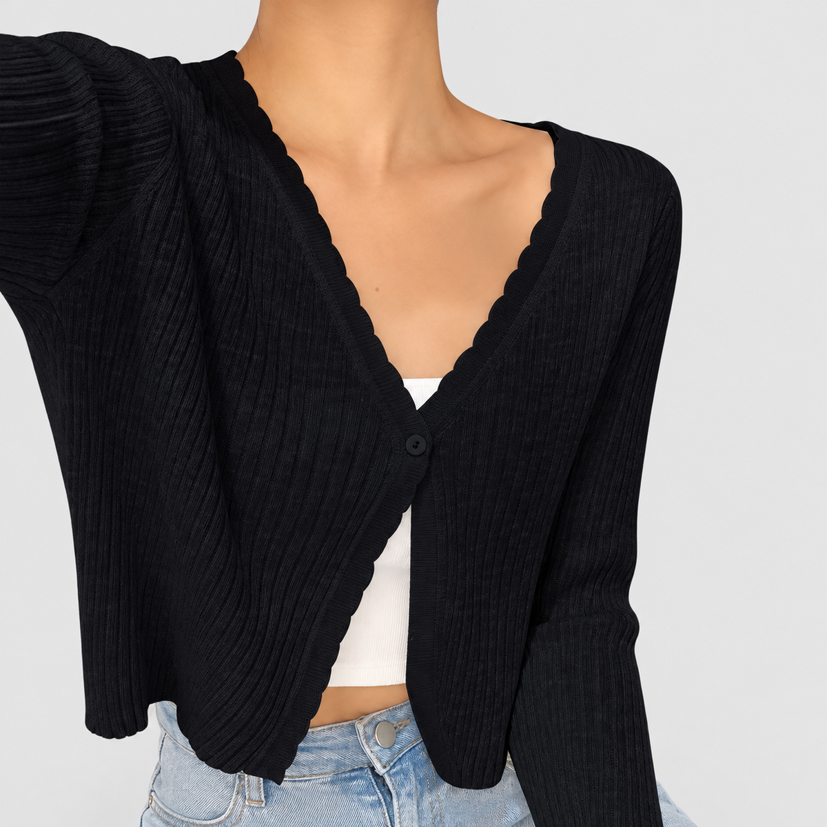 Women's Cropped Ribbed Cardigan with Lettuce-Edge Trim in Black — view 6