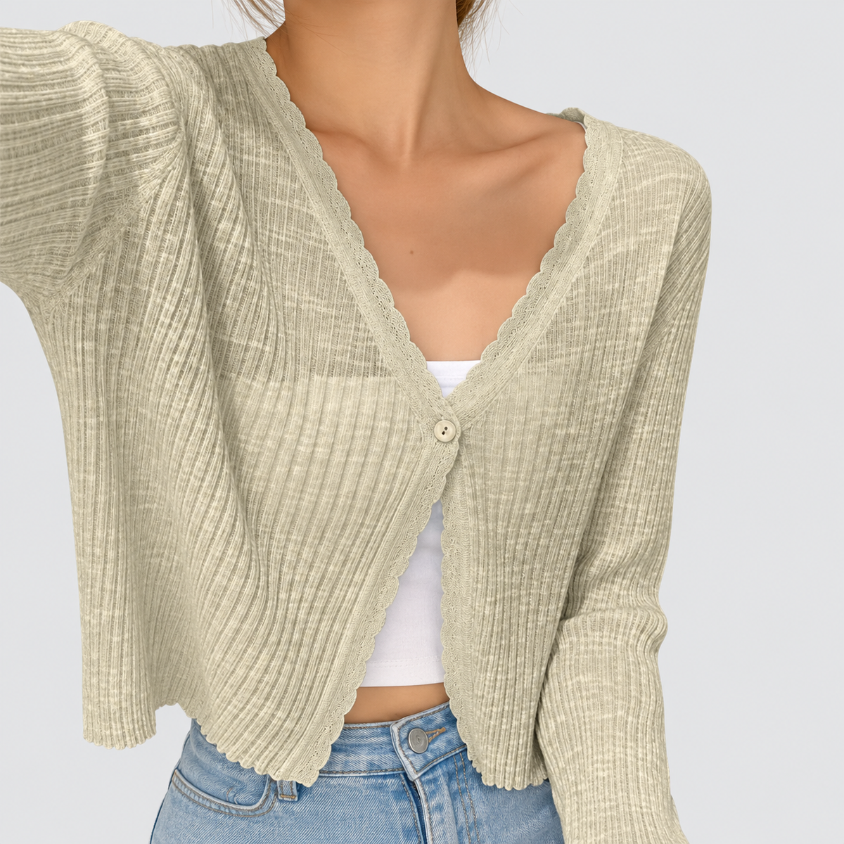 Women's Cropped Ribbed Cardigan with Lettuce-Edge Trim in Beige — view 7